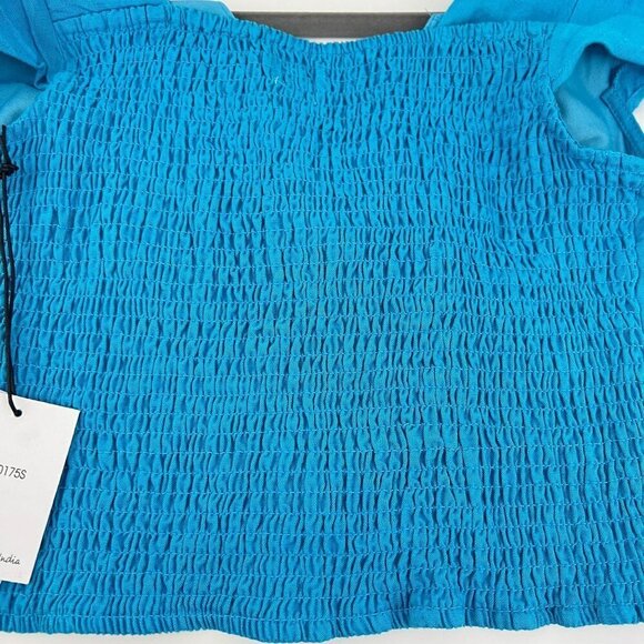 Japna Halter Crop Top Blue Wrap smocked Linen Blend Size L - Picture 5 of 7